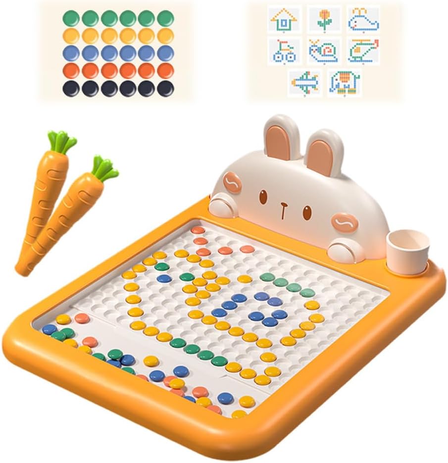 Magnetic Drawing Board, Large Magnet Doodle Board with Pen and Dot Beads, Magnetic Dot Art Travel DIY Set for School Home Household (C - Yellow, Rabbit, Large)