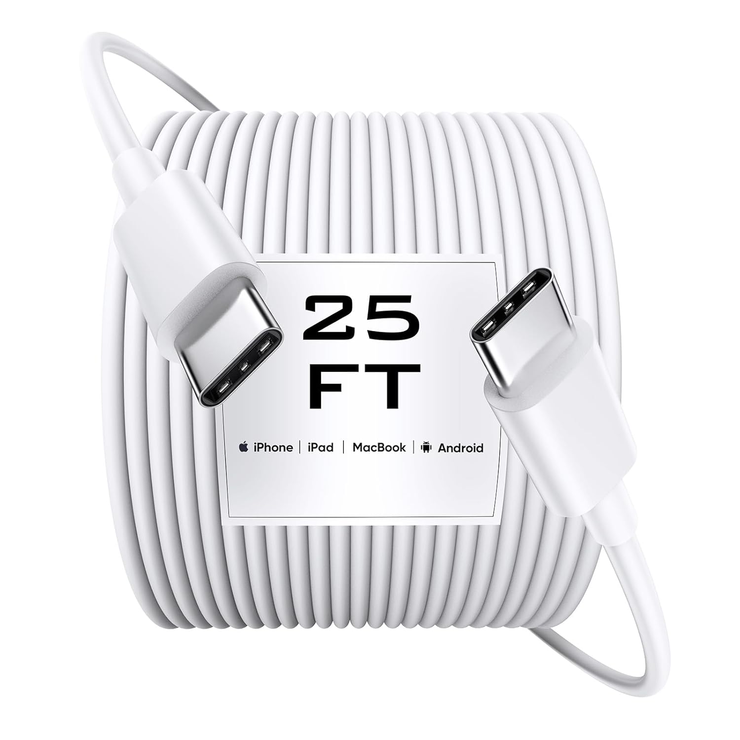 USB C to USB C Cable 25FT [60W Fast Charging, Extra Long Type C Cable] (No Data Transfer) for iPhone 16/15, Galaxy, Pixel, Switch, Camera & More - White