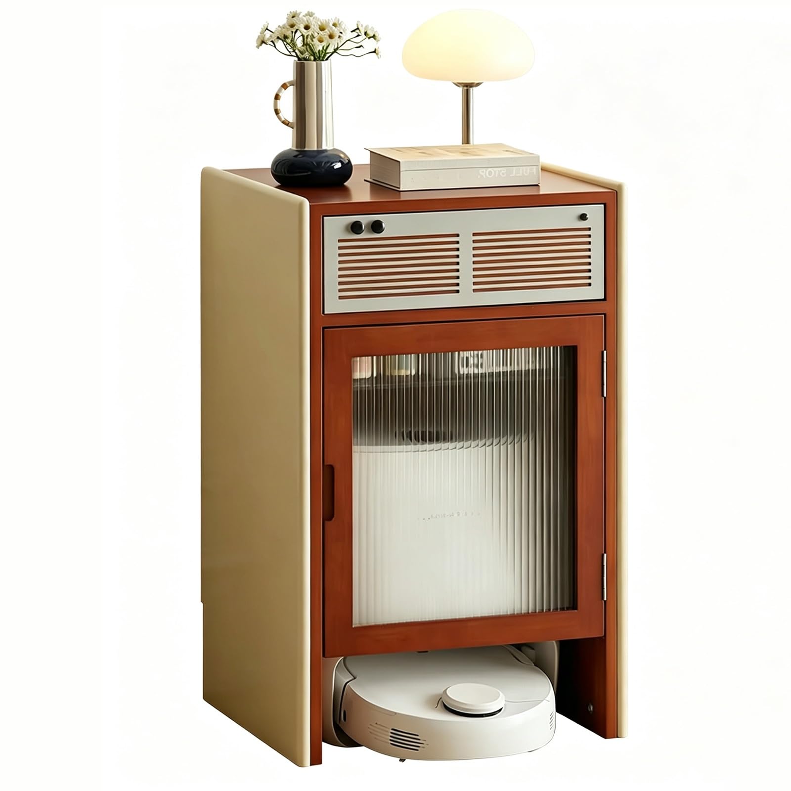 FNXBDPA Retro Sofa Side End Table, Robot Vacuum Stand Cabinet, Wooden Storage Stand