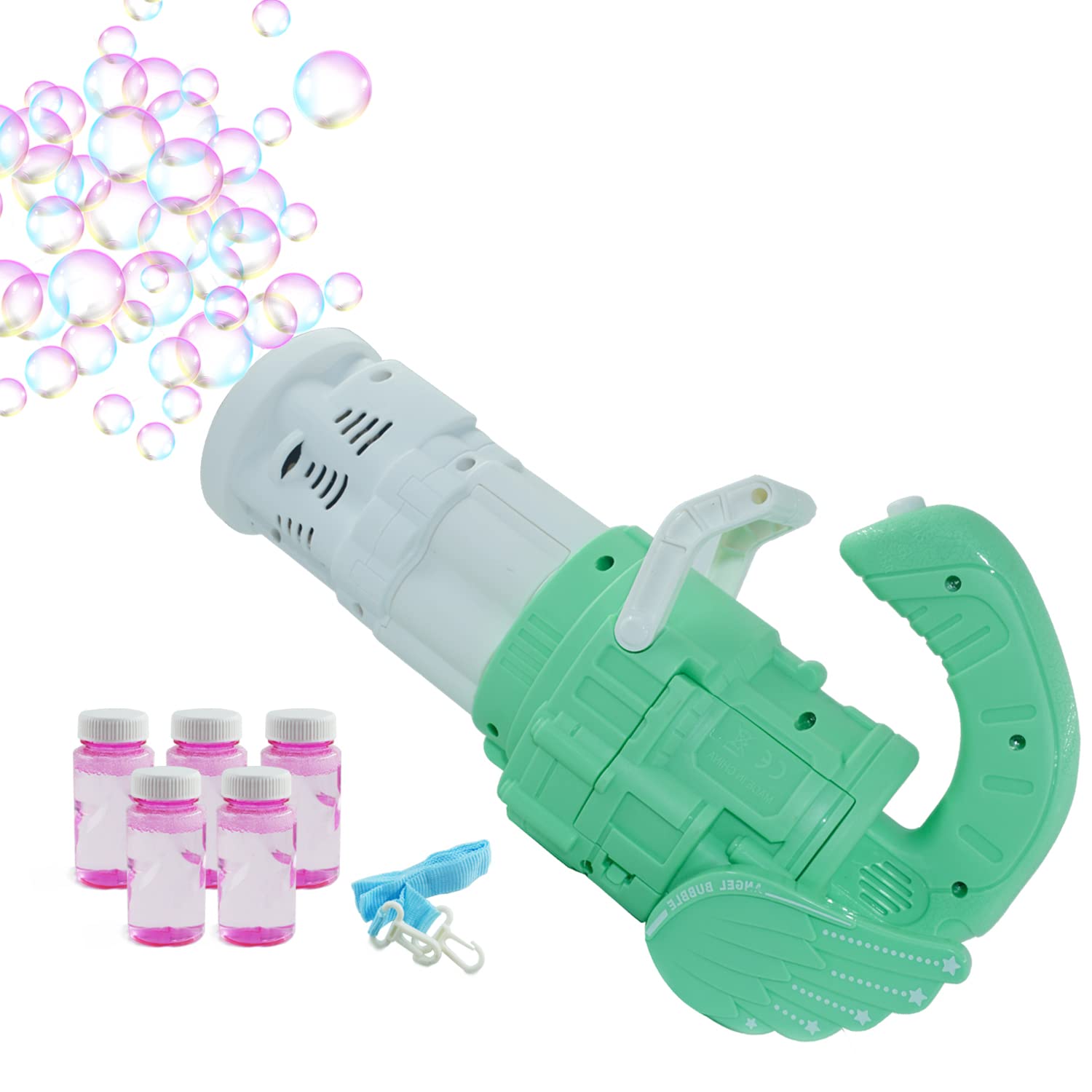 Photo 1 of POMIKU Bubble Gun, Gatling Bubble Machine with 5 Bubble Refill Solution (10 oz Total), Bubble Blaster Gun for Toddlers and Kids Party Favor, Birthday, Outdoor Green Bubble Gun