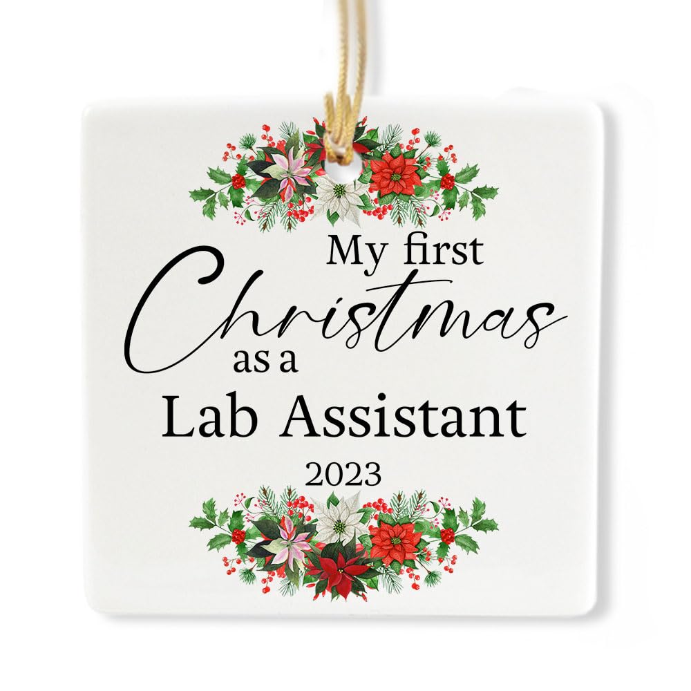 My First Christmas as a Lab Assistant 2023 Ornament - Square Shape - Gifts for Merry Xmas Technician Laboratory Medical Tech Research Phlebotomist Party, 3x3 Inches, Ceramic