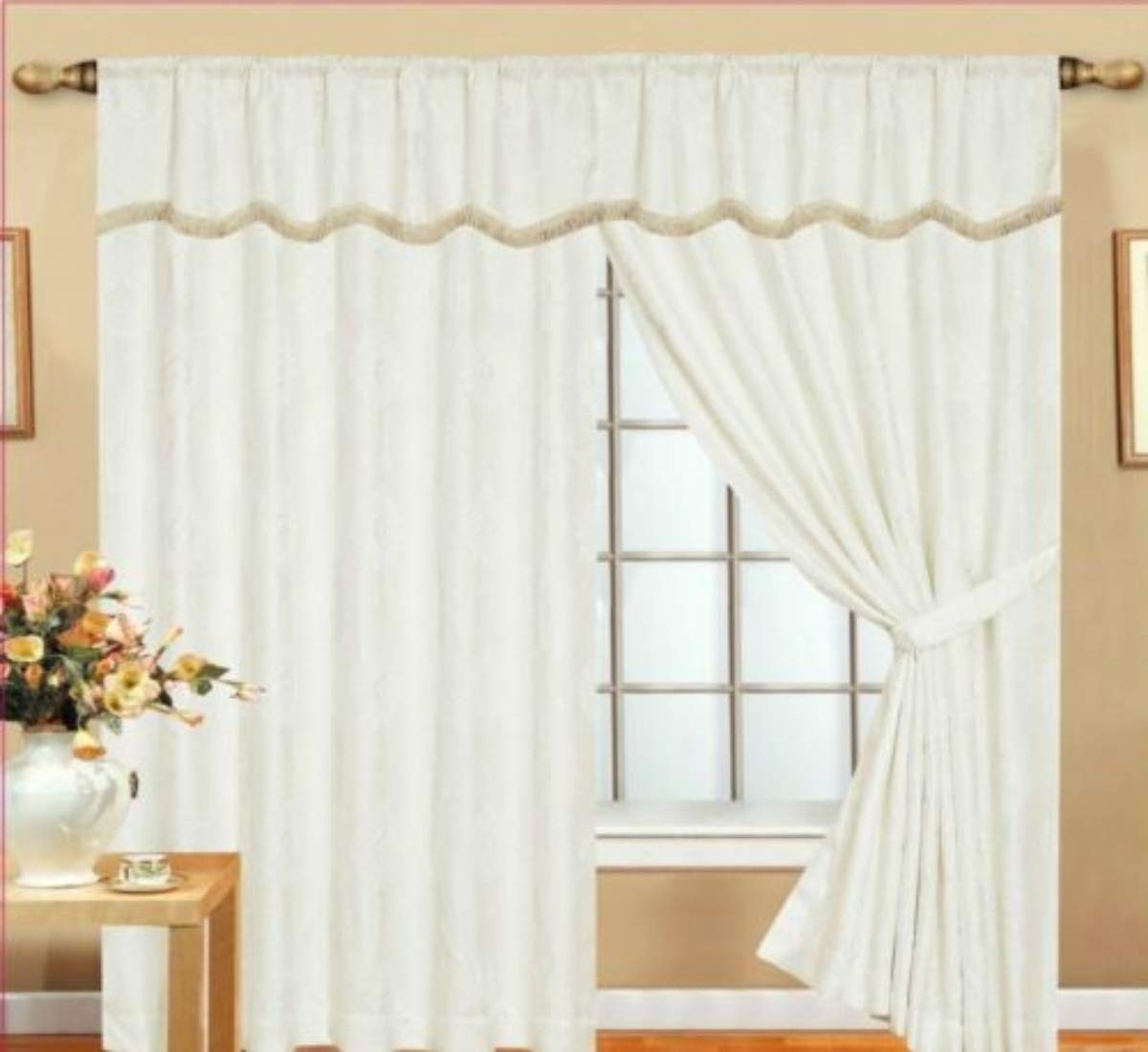 Prime Linen Curtains Pair Glitter Stripe Jacquard Fully Lined Matching Pelmet & Tieback White 66 x 72