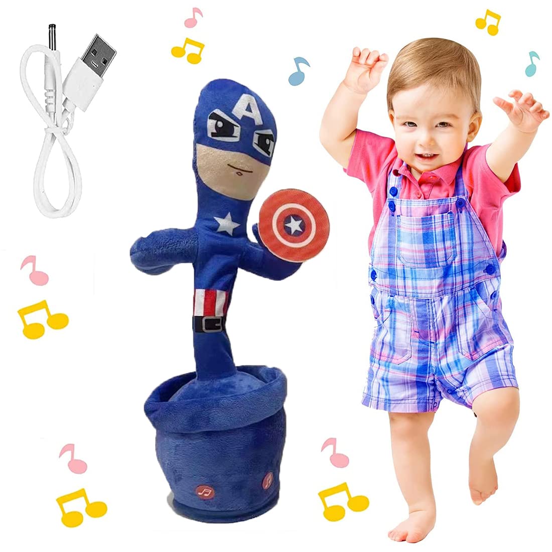 YU WELLDancing Toy, Blueland Electric, Shaking, Recording, Singing, Talking Toys, Repeat Your Speech" Plush Stuffed Gift For Toddler, Baby, Kids, Age 1 2 3 4 5 6 7, Bw00017 (Captain America)