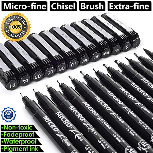 MISULOV Micro-Pen Fineliner Ink Pen Set, Waterproof Archival Ink Micro Fine Point Drawing Pens for Sketching, Calligraphy, Anime, Illustration, Technical Drawing, Bullet Journaling, Black, 12/Set