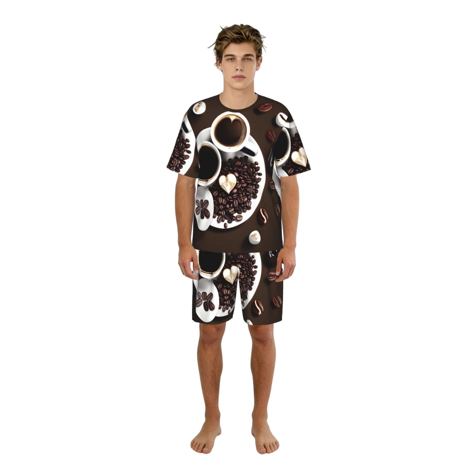 Conjunto de pijama clásico con estampado de collage de café, pantalones cortos de pijama suaves para hombre, perfecto para las noches de verano