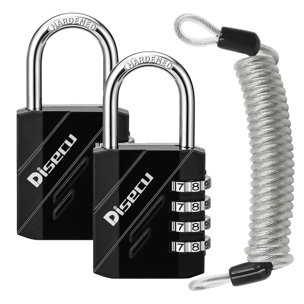 2 Pack disecu 4 Digit Combination Lock, Outdoor Waterproof Padlock with Steel Cable for Gym Locker, Sports Locker, Helmet, Gate, Fence, Luggage (Black)