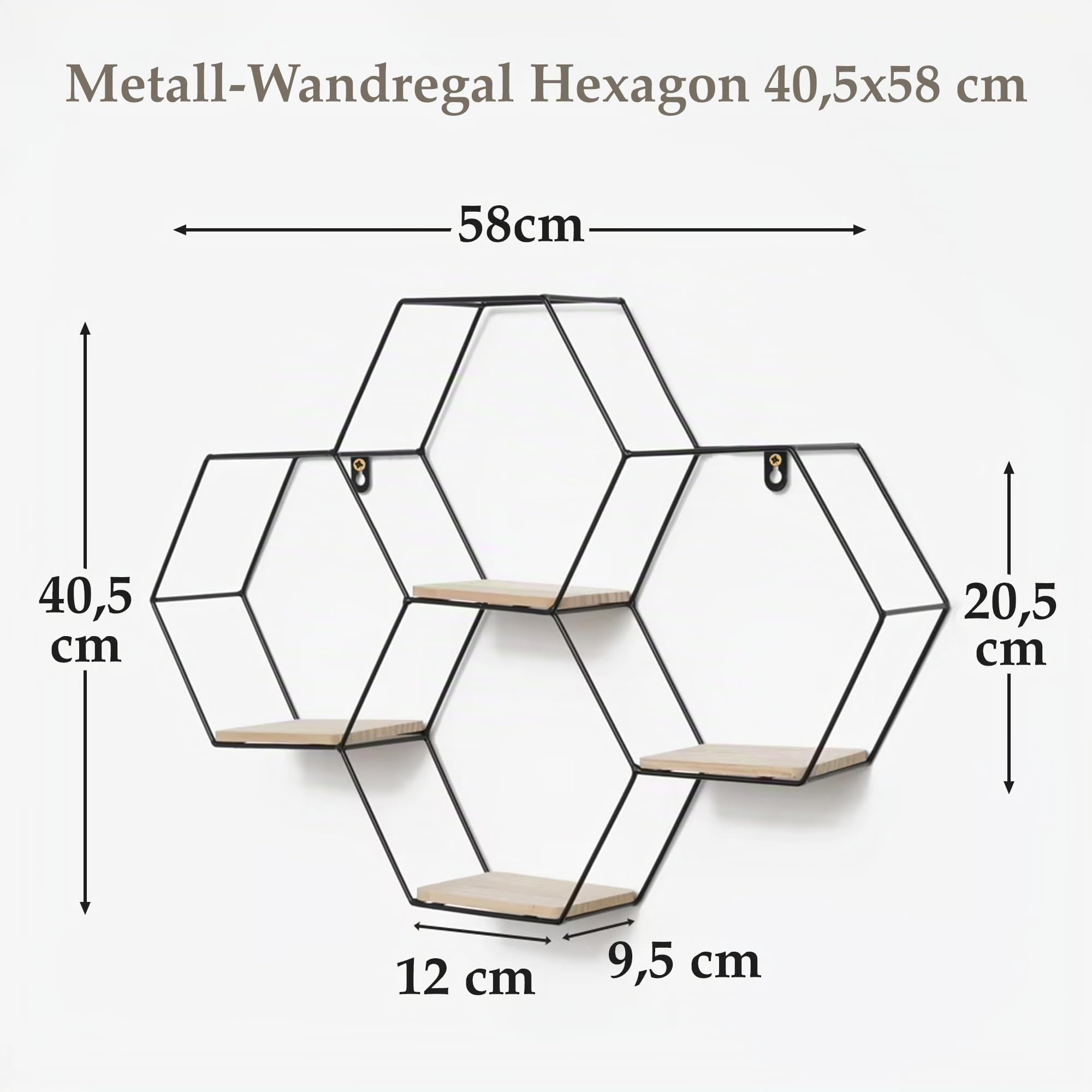 Vivol IVOL Waben Wandregal Schwarz 40,5x58 cm, Hexagon Metall Wandregal mit 4 Holzböden, hängendes Dekoregal, modernes Wohnzimmer Regal für Wanddeko, Schlafzimmer, Flur, Büro & stilvolle Deko
