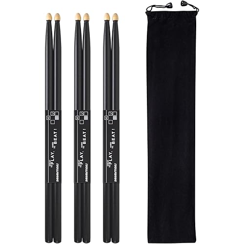 lyumengg Drum Sticks, 5A Drumsticks Black Hickory Wood Drumsticks With Storage Bag, 3 Pairs