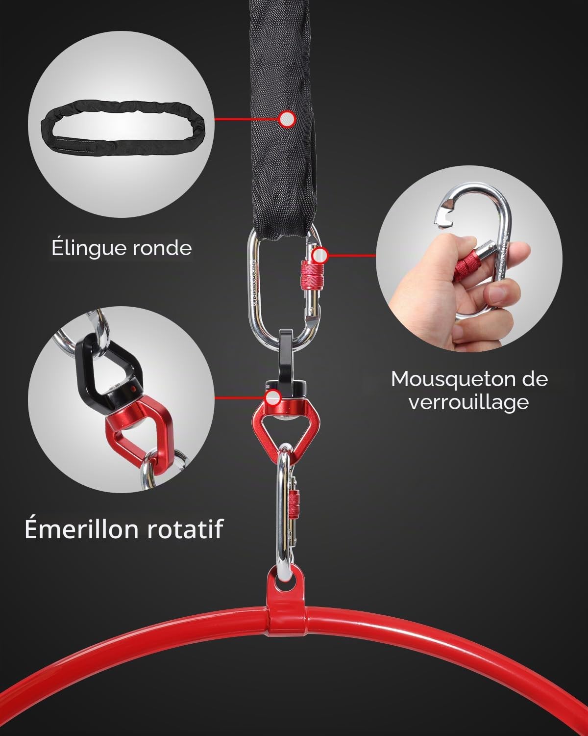 Cerceau Aérien avec Sac de Rangement - Cerceau de Lyra Rouge Premium 85cm/90cm, Set Anneau de Yoga Aérien pour Cirque, Danse, Fitness, Système de Sécurité 2 Tonnes & Fini Brillant