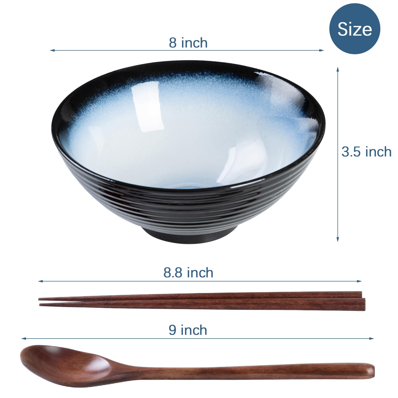 Lot de 2 bols japonais en céramique - 20,3 cm - 1134 g - Bol à nouilles pour Ramen, Pho, Udon avec cuillères et baguettes (noir et bleu)