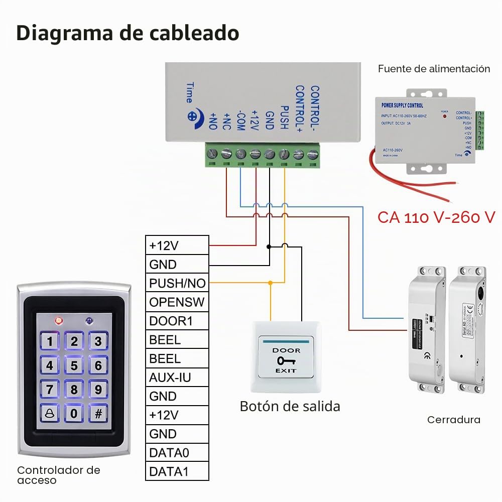 Kit completo de sistema de control de acceso para el hogar, teclado de metal para 1000 usuarios, cerradura eléctrica de 12 V CC, fuente de alimentación de 12 V 3 A, botón de salida de puerta