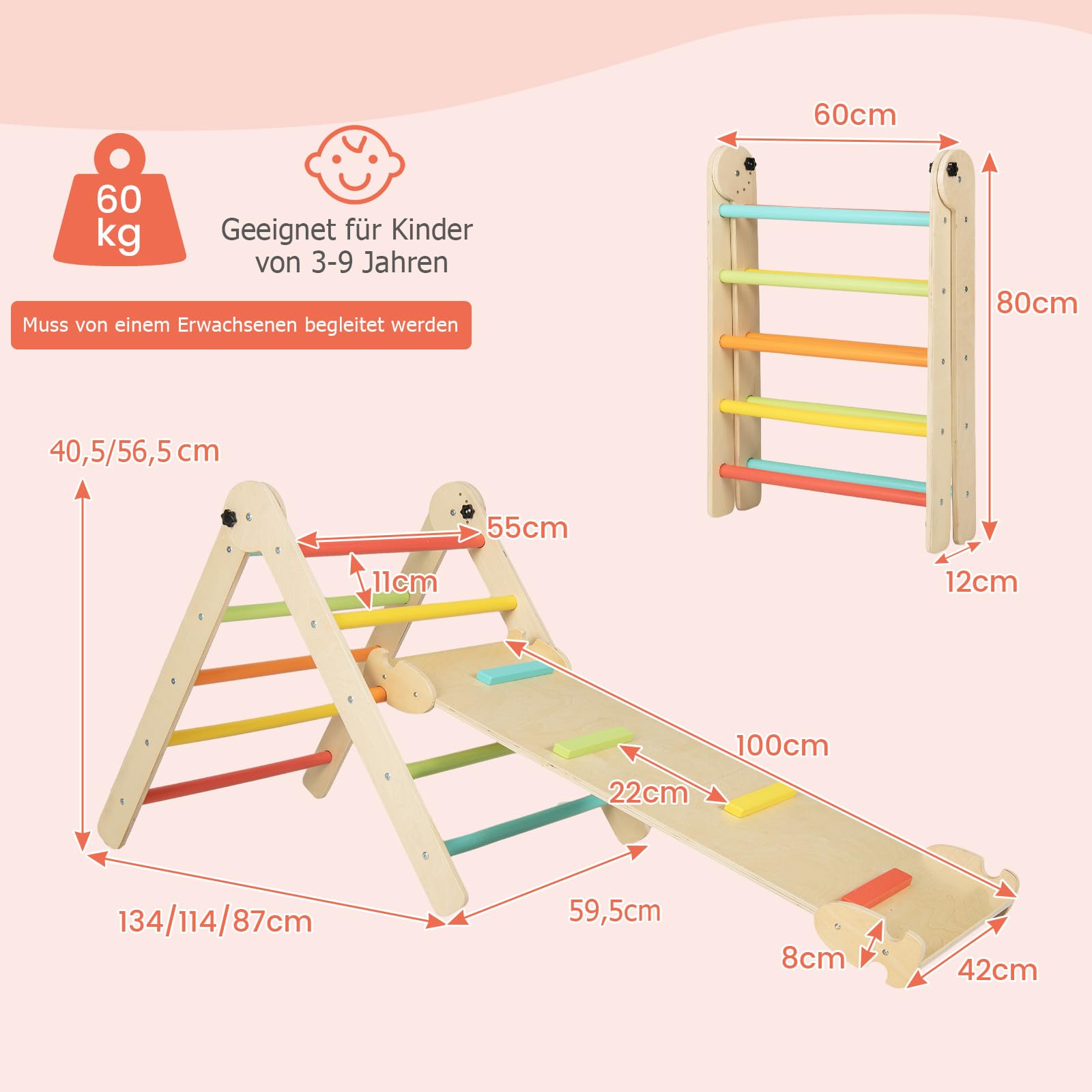 DREAMADE Montessori Klettergerüst Indoor, Holzdreieck Kletterspielzeug aus Holz, Kletterdreieck mit 2-seitiger Rutsche zum Rutschen und Klettern für Kinder ab 3 Jahren (Bunt)