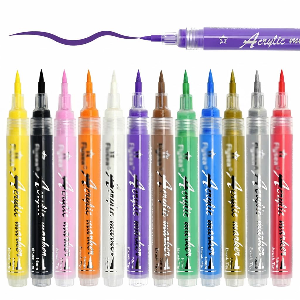 Azonee Acrylic Paint Markers, Flexible Brush Tip Acrylic Paint Pens, High-capacity Strong Coverage for Rock Painting, Ceramic, Wood, Plastic, Canvas, Card, DIY Crafts(12 Colors)