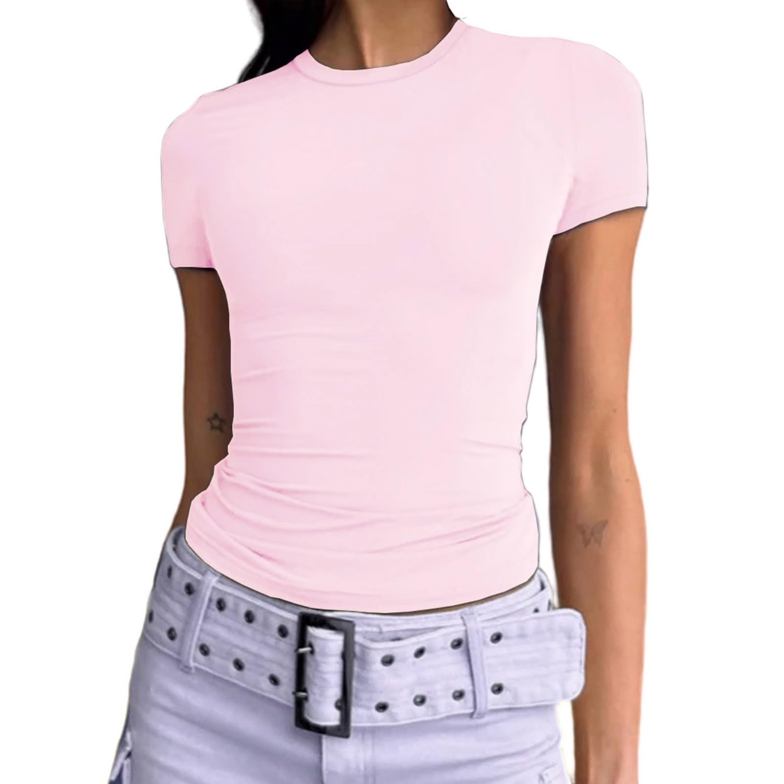 Dwnval Womens Basic Summer Short Sleeve Tight Fitted Workout Crop Tops