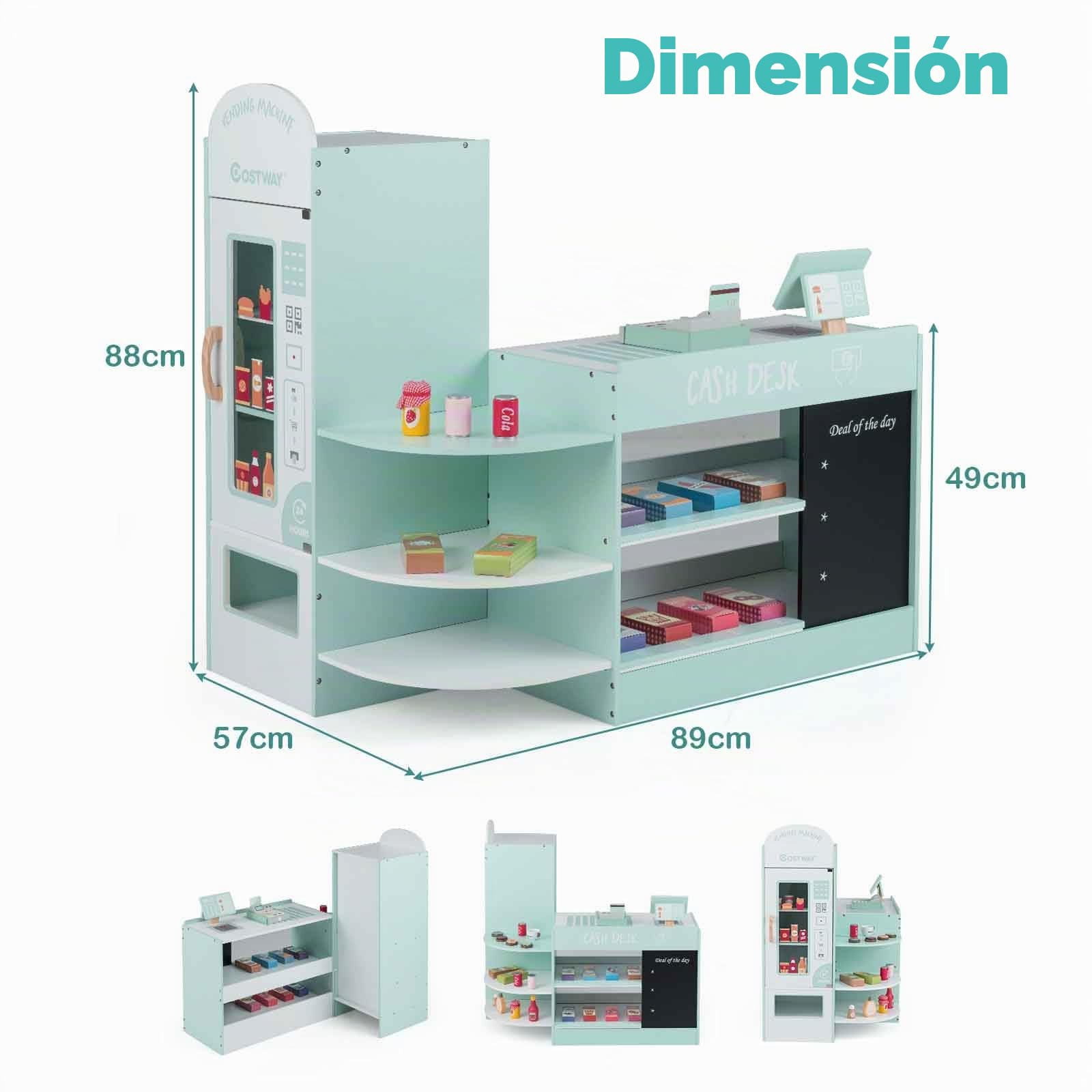 HOMASIS Tienda Infantil de comestibles, Tienda de Madera con mostrador Lateral, Juego de supermercado con Caja registradora, TPV, Máquina expendedora, para niños de 3 a 8 años (Verde Claro 89x57x88)