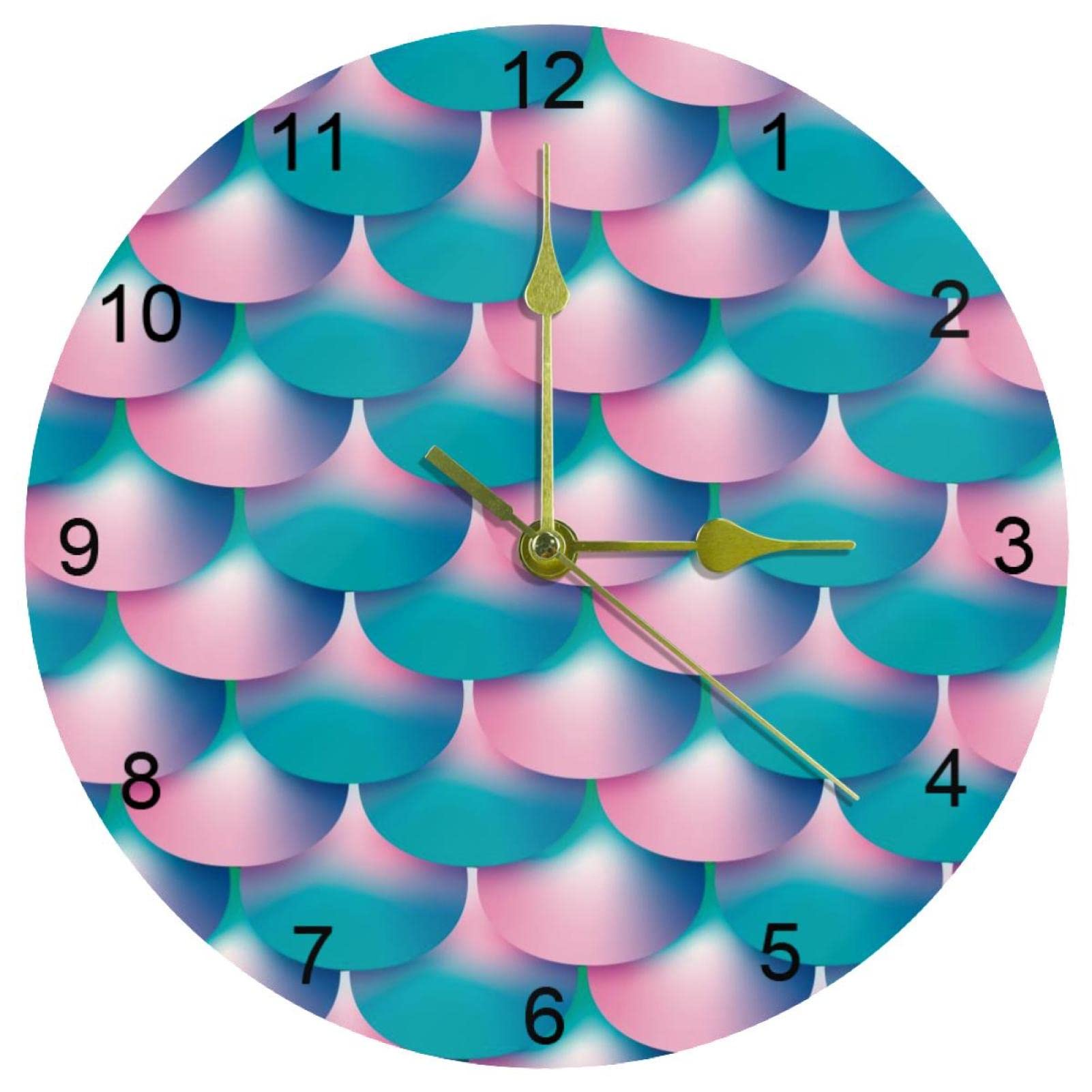Horloge murale silencieuse queue de poisson rose 25,4 cm chiffres arabes ronds