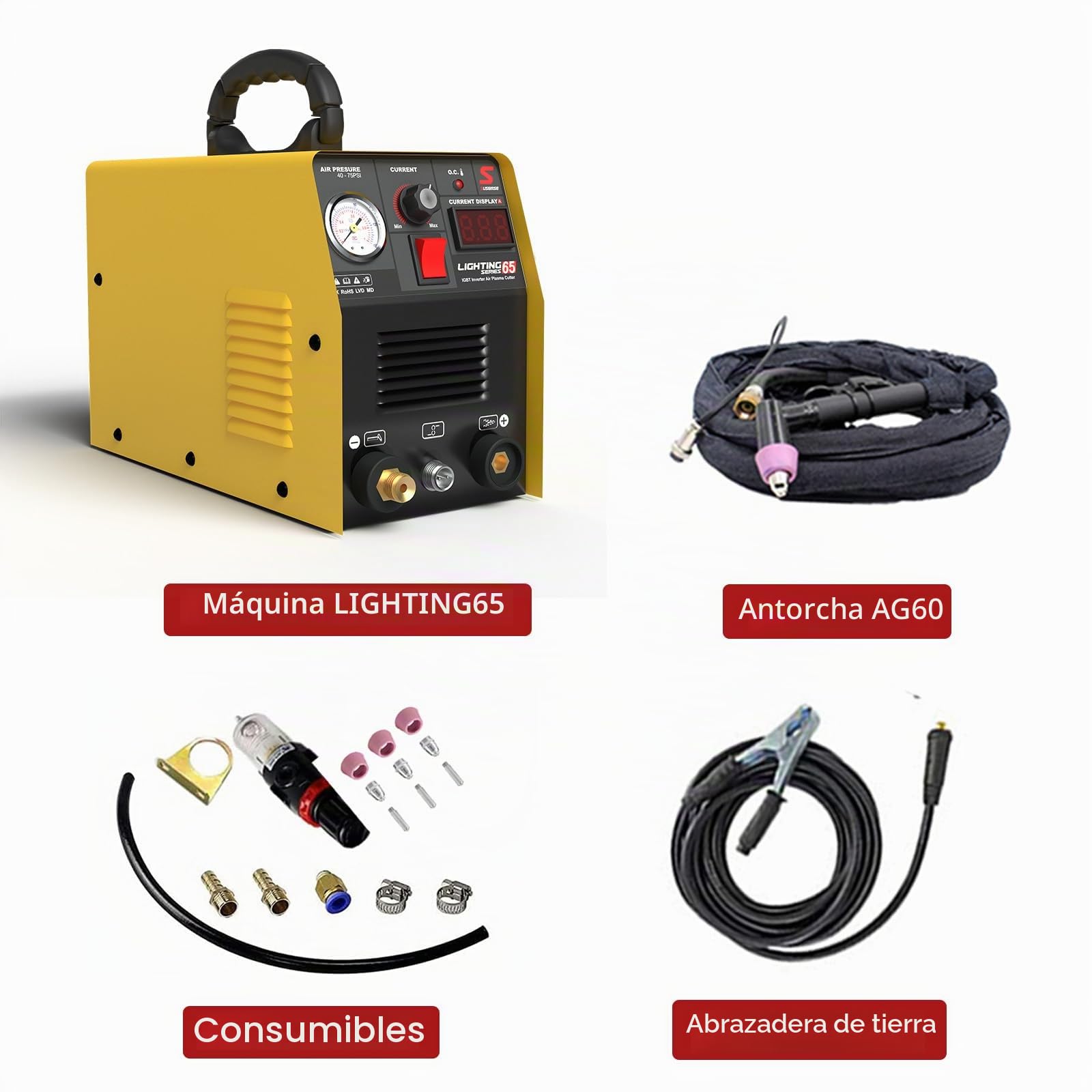 SUSEMSE Cortador de plasma de 65 amperios IGBT Inverter Plasma (DC, 230 V, corriente de corte 20-65 A, potencia de corte máx. hasta 16 mm)
