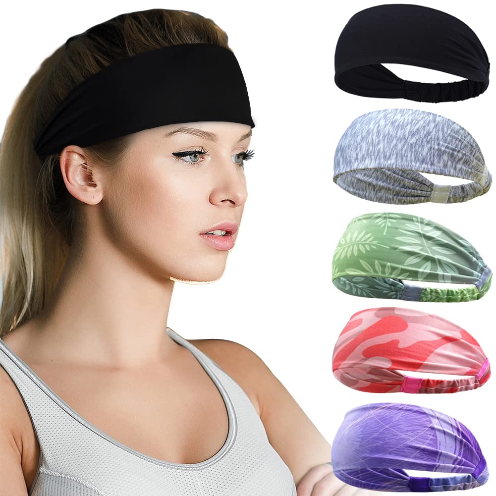 Beister Sports Headbands for Men Women (5 Pack), Moisture Wicking Sweat Band Elastic Wide Hair Bands, Workout Sweatband Athletic Mens Headband for Running, Cycling, Basketball, Gym Exercise, Football