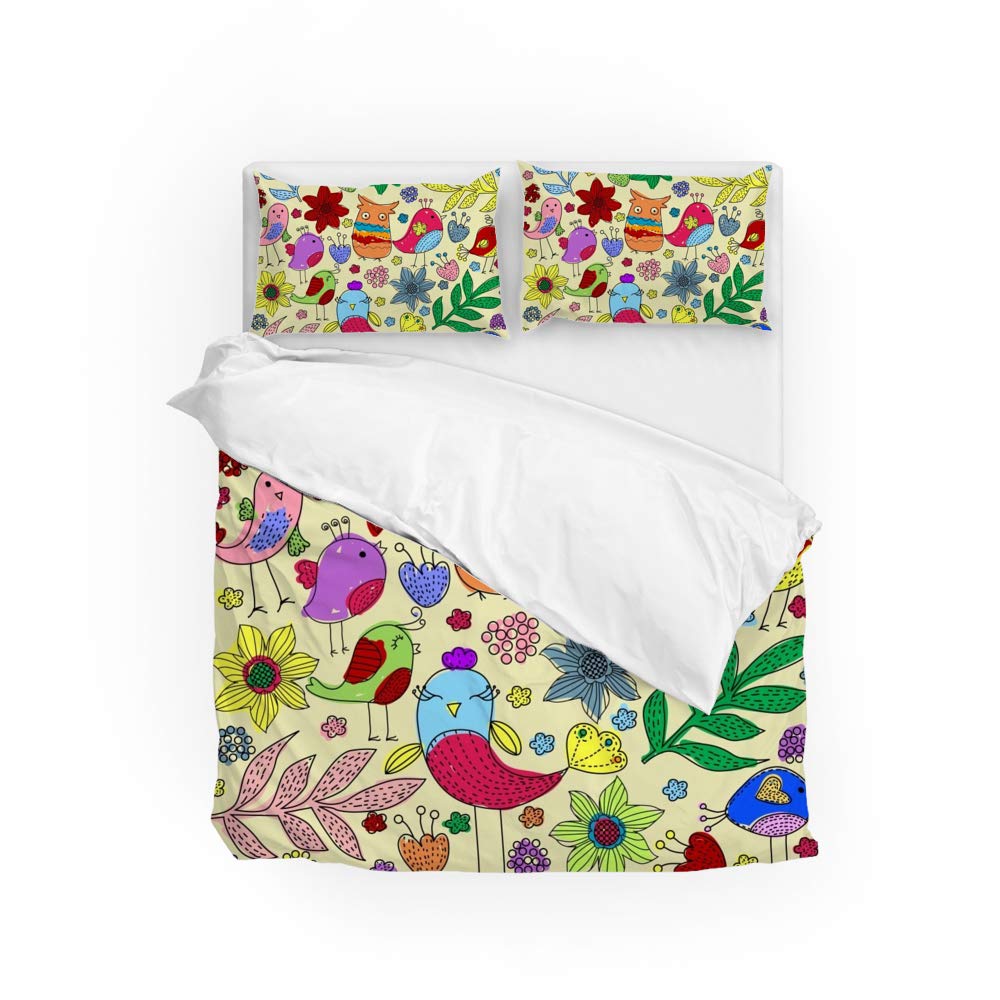 Linge de lit motif oiseaux et fleurs pour chambre double cocooning toutes saisons
