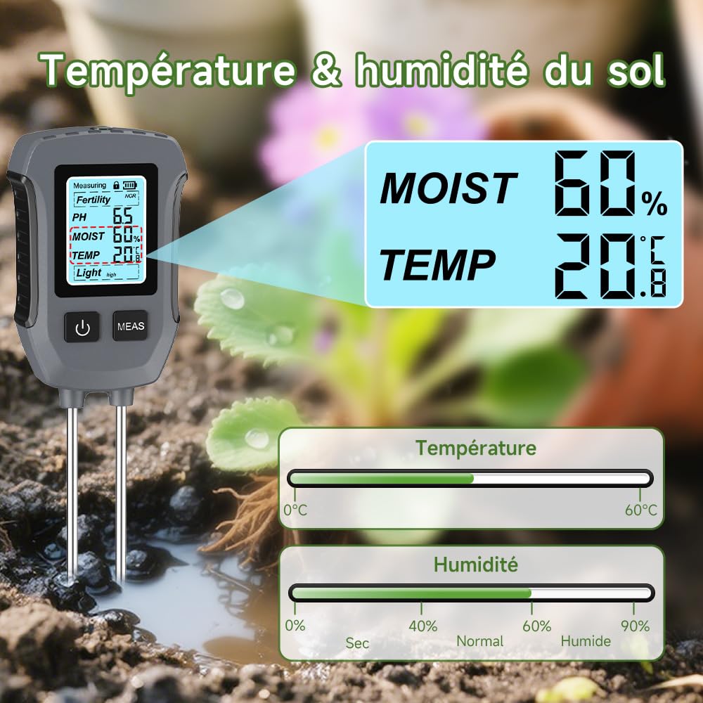 Uzoli SGS13 Testeur d'humidité du Sol Plantes, 5 en 1 Appareil de Mesure du Sol pour fertilité, Valeur ph, Intensité Lumineuse, Température, Humidité du Sol, Hygromètre pour Jardin et pelouse