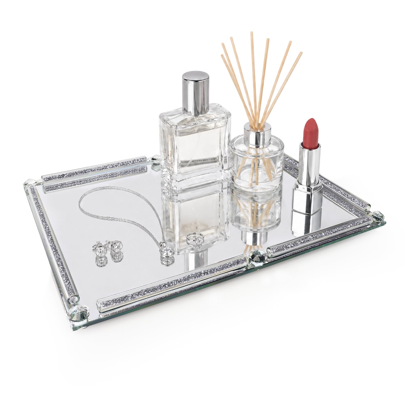 Plateau miroir avec bord en cristal (40 x 30 cm) Étagère à verres Argenté | Plateau décoratif miroir pour coiffeuse et salle de bain, pieds antidérapants, élégant pour cosmétiques, parfum et mariage