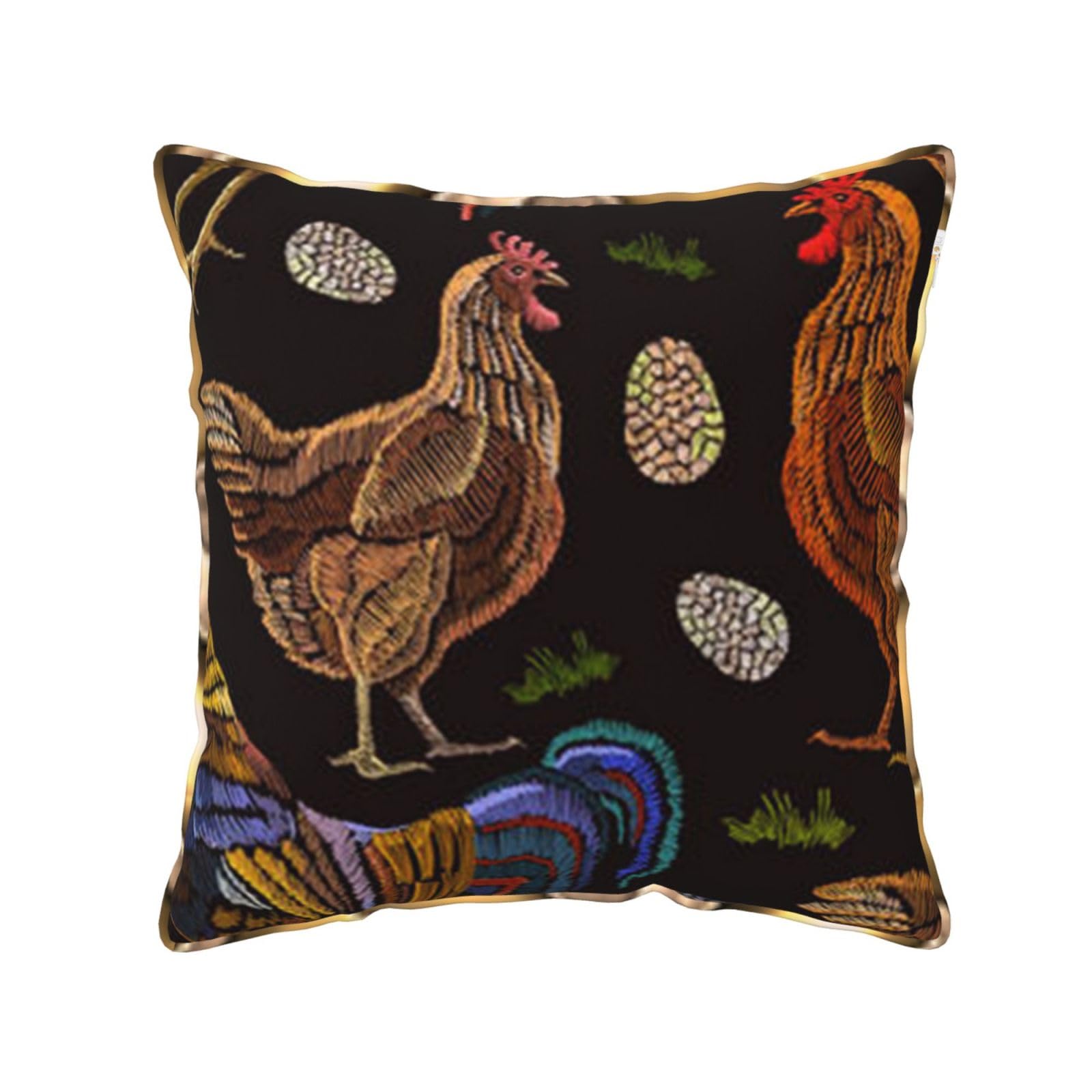 AUBKFELD Chicken Print Printed Velvet Cushion Cover 40x40 CM with Gold Edging Strip, Square Pillowcase Soft Throw Pillow Covers Case Decorative for Living Room Sofa Couch Bed Bench