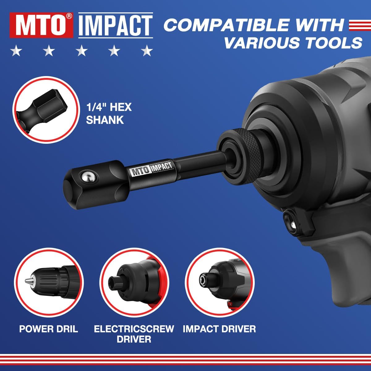MTO 9PCS Impact Drill Socket Adapter Set, Universal Joint Socket Adapter, 1/4” Hex Shank Drill Wrench Adapter, 1/4" 3/8" 1/2" Drive for for Automotive & DIY, 2.6” to 6” Length, CR-V Steel