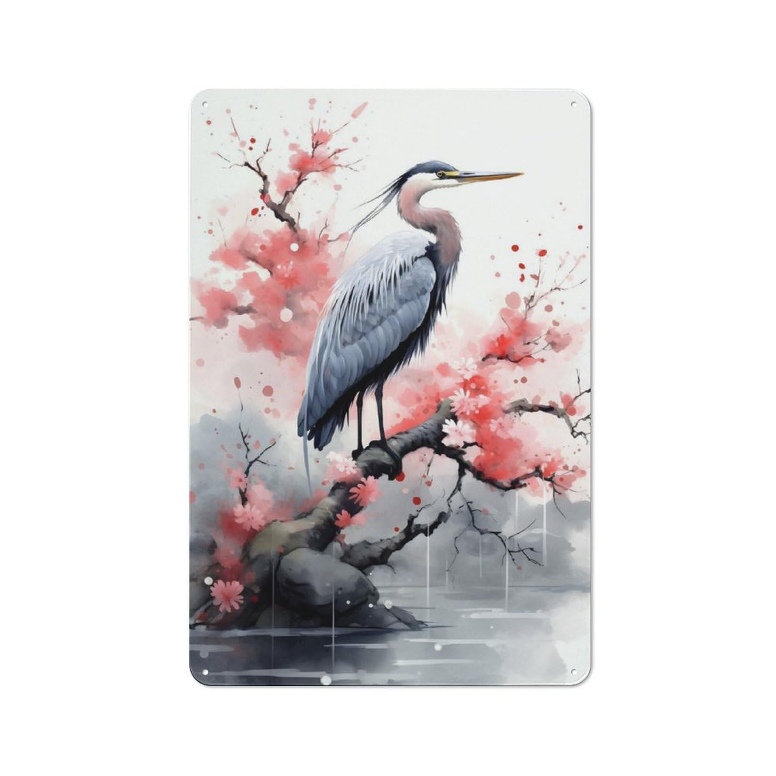 Junmoney Heron Watercolor Industrial Metal Wall Decor 30X20cm, Metal Wall Sign For Tool Room, Garage, Studio Or Home Bar
