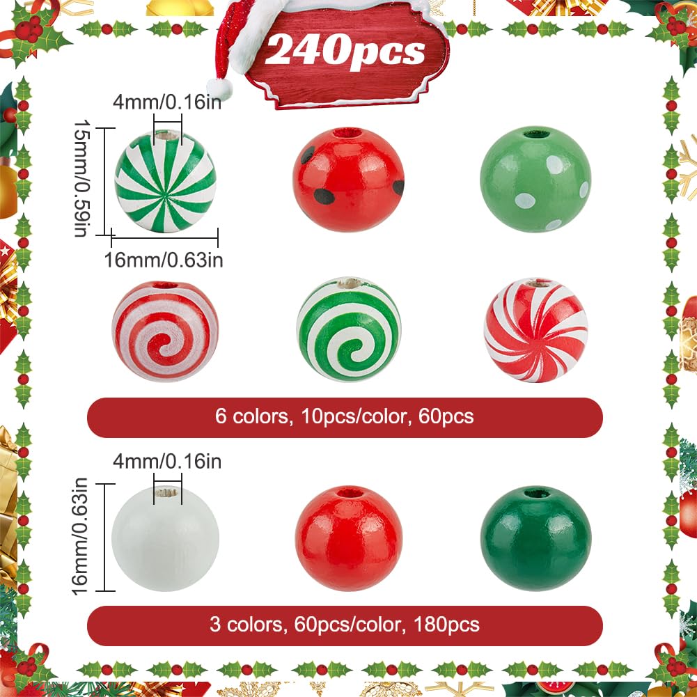 240 pz 9 stili Perline di Legno di Natale Rosso Verde Perline di Legno Assortite Verniciate Bianco Naturale Vacanze Invernali Rotonde Distanziatori Sfusi Caramelle per Braccialetti Gioielli F