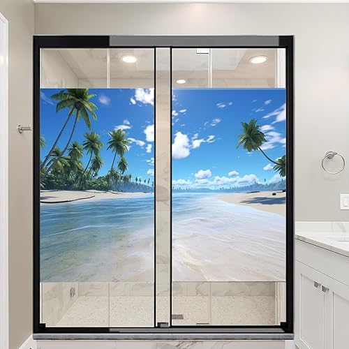 Miniatura 3 de Película de privacidad para ventana, paisaje marino tropical, palmeras de playa, imagen moderna, vitrales, sin pegamento, película estática para