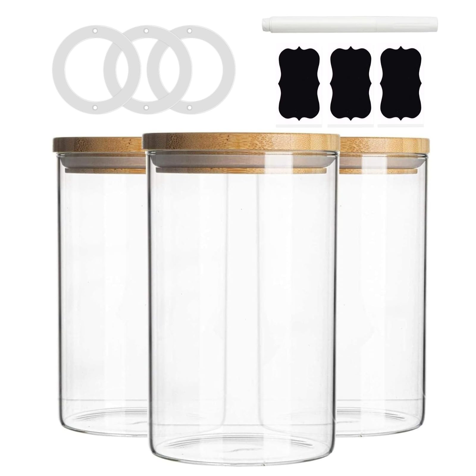 Glass Storage Jars with Bamboo Lids 900 ML Set of 3, Airtight High Borosilicate Food Canisters for Kitchen, Clear Containers for Cereal, Pasta, Coffee, Tea, Sugar, Dishwasher Safe