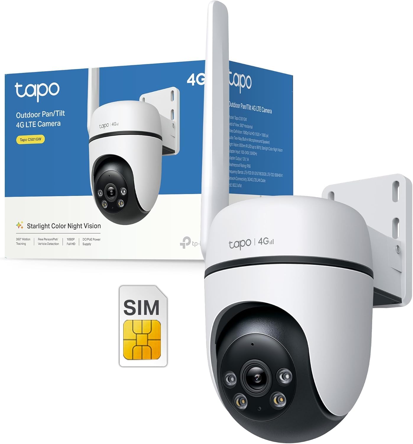 Tapo C501GW 360° 4G LTE Überwachungskamera mit SIM-Kartenslot, kein WLAN erforderlich, Starlight farbige Nachtsicht, AI-Erkennung, DC/PoE-Stromversorgung, IP66, lokaler und Cloud-Speicher, kein WLAN