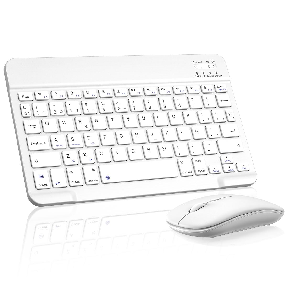 Cimetech Teclado y Ratón Inalámbrico Bluetooth, Teclado ergonómico Ultrafino con batería Recargable integrada para iOS, Mac, iPad, Windows y Sistemas operativos Android 3.0, Español QWERTY, Blanco