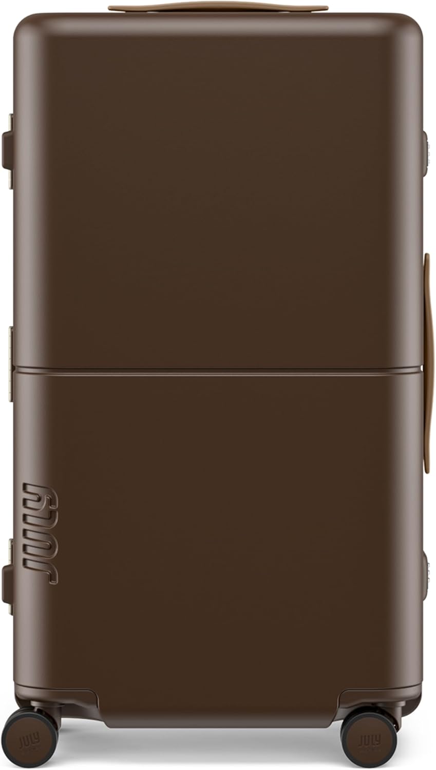 Checked Trunk - 26.8" Zipperless Airline Approved Check In Luggage with Wheels, 80/20 Opening Spinner Suitcase - TSA Lock Rolling Suitcase, Spinner Wheels, Y-Strap - Matte Brown