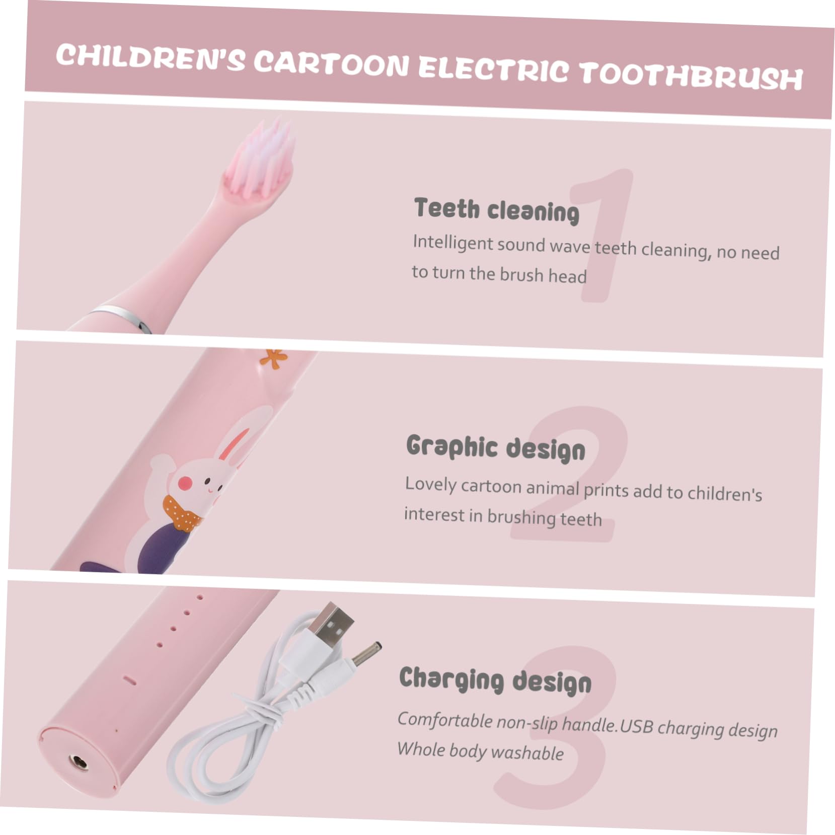 KOMBIUDA 3sets Spazzolino Elettrico Per Ragazzo Ragazza Con Design Cartone e Portatile Per Sviluppare Abitudini Di Igiene Orale Divertenti