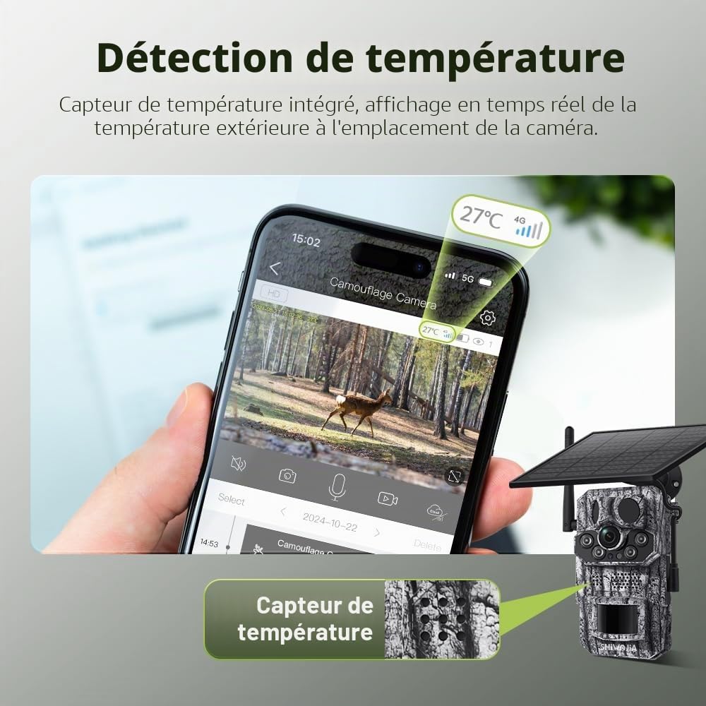 SHIWOJIA 4G LTE Camera de Chasse Solaire Camera Chasse Infrarouge Vision Nocturne Piege Photographique Connectée Telephone, Détecteur de Mouvement 3 PIR, 8000mAh Batterie, IP66