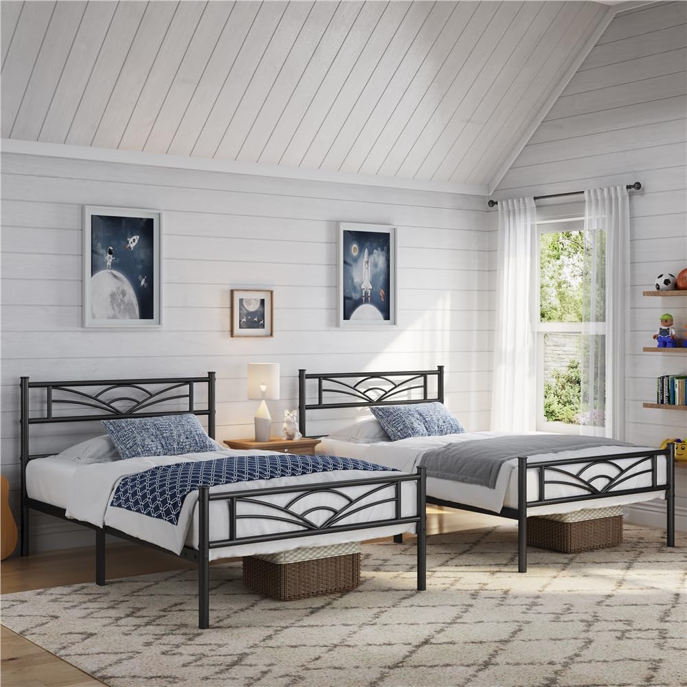 Yaheetech Set di 2 Struttura Letto Singolo in Ferro con Spazio Aggiuntivo Testiera a Forma di Nuvole Camera da Letto Ospiti Soggiorno Nero 90 x 200 cm