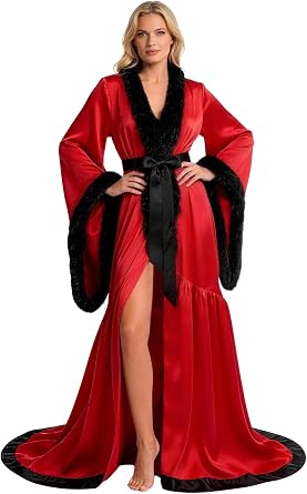 Womens Maternity Bridal Silk Satin Robe with Faux Fur Trim Long Bell Sleeve Nightgown for Wedding Sleepwear