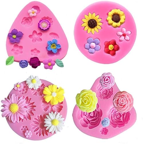 Juego de 4 moldes para fondant de flores y hojas, moldes de silicona para pasta de goma de girasol de margarita rosa para decoraciĂłn de pasteles, Juego de 4 moldes para fondant de flores y hojas, moldes de silicona para pasta de goma de girasol de margarita rosa para decoraciĂłn de pasteles,