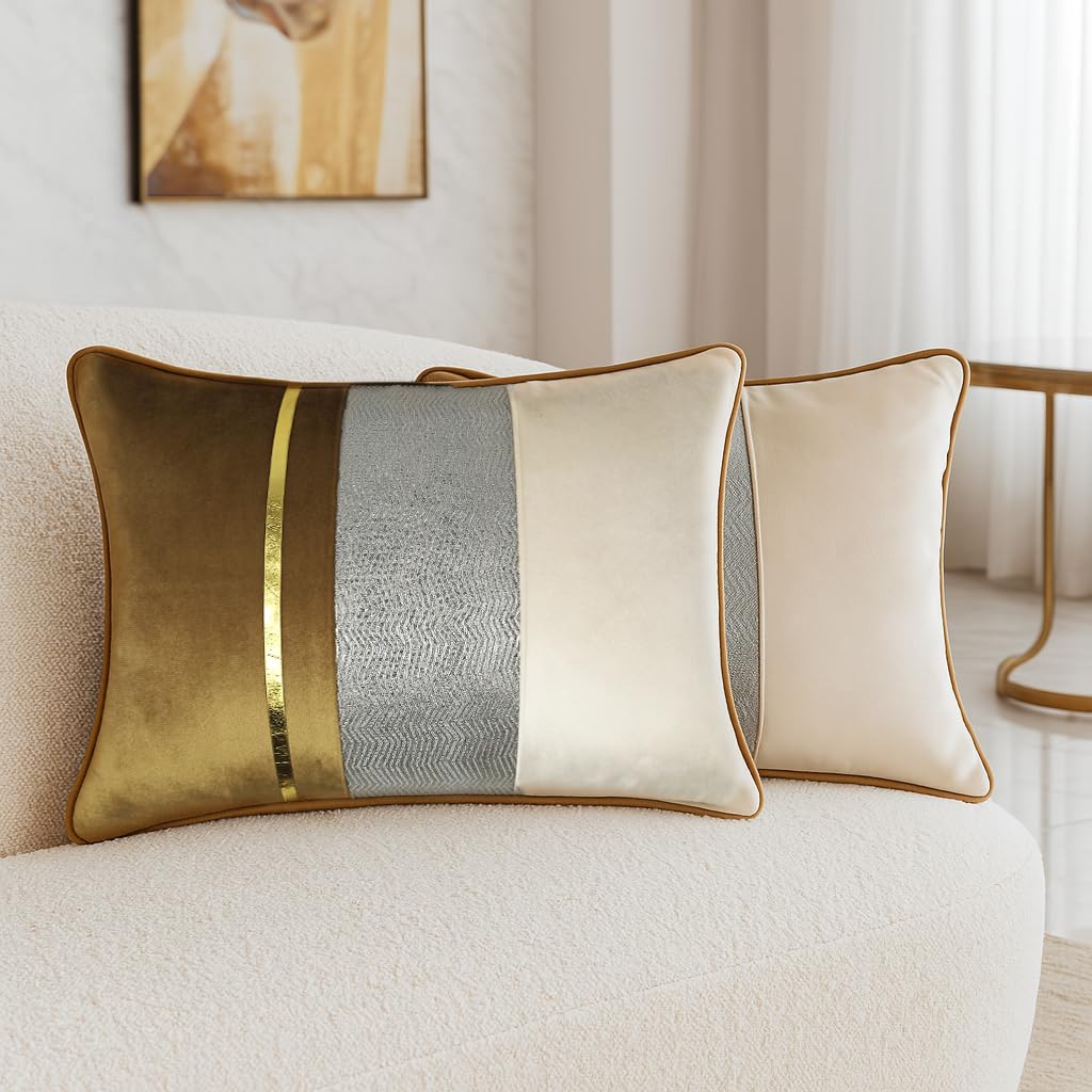 Striped Decorative Velvet Cushion Cover Set of 2 (12 x 18 Inches) w/Faux Leather and Jacquard Combination | Stylish & Trendy Design (Dark Gold)-picture-41