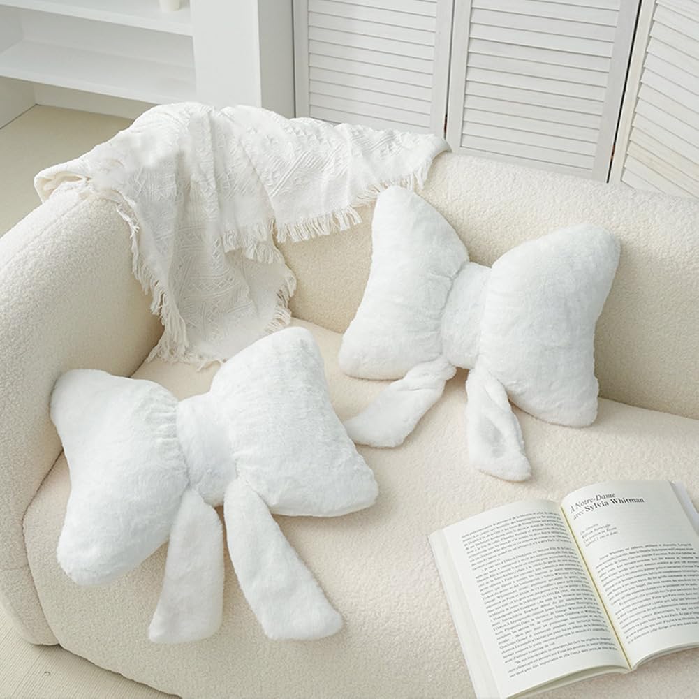 Weiche pelzige Schleife, Überwurfkissen, niedliche Schleife, Plüschkissen, Heimdekoration, gefüllte Schleife, Lendenkissen für Bett, Couch, Wohnzimmer, Dekoration, Weiß, 2 Stück
