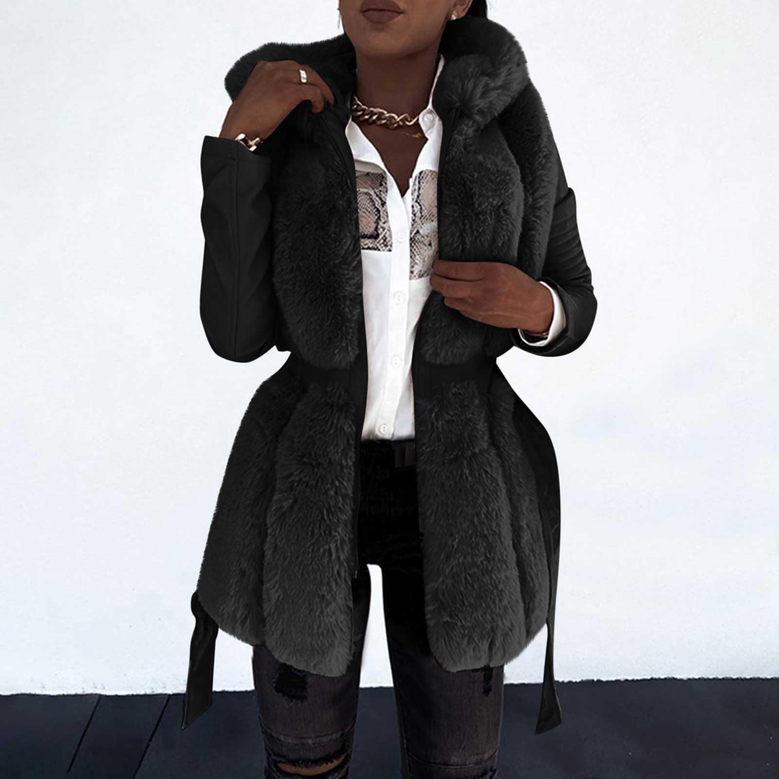 Pelzmantel Damen mit Kapuze Felljacke Warm Kunstfell Jacke Kunstpelz Mantel Winter Winterjacke Wintermantel Fleece Kuscheljacke Flauschig Strickjacke Kunstfellmantel Fellmantel Plüschjacke