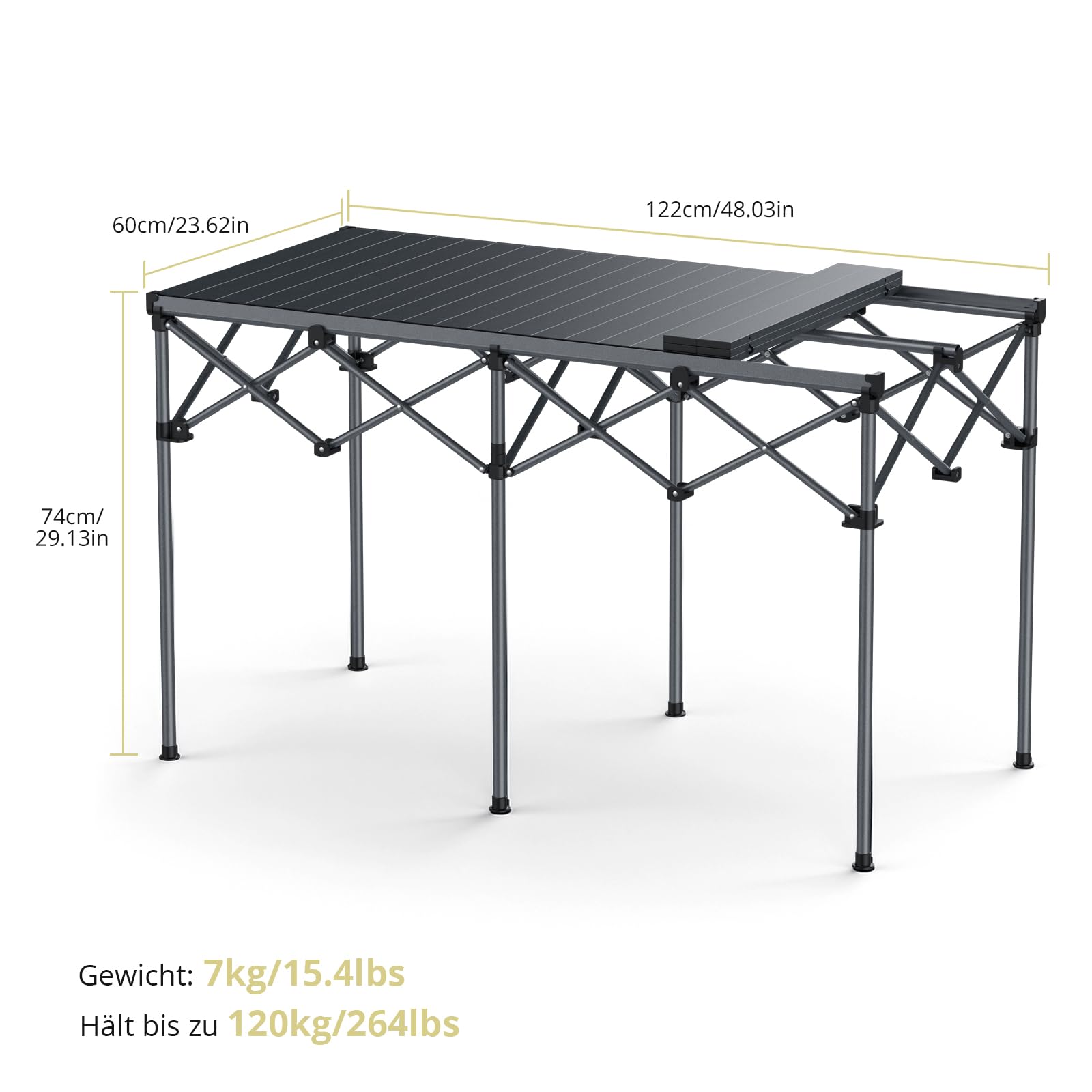 Anbte Campingtisch Klappbar bis 120kg Übergröße 122x60x74cm(LxBxH) Alu Rolltisch für 6 bis 8 Personen X-Frame Design Klapptisch mit Tragetasche für Outdoor Balkon Garten Strand Picknick (Schwarz)