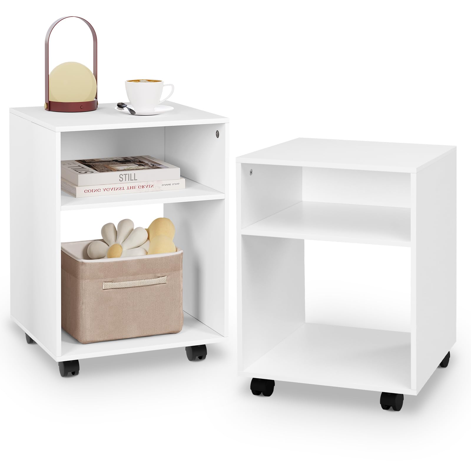 EUGAD Nachttisch 2er Set auf Rollen Weiß 2 Fächer B40 cm