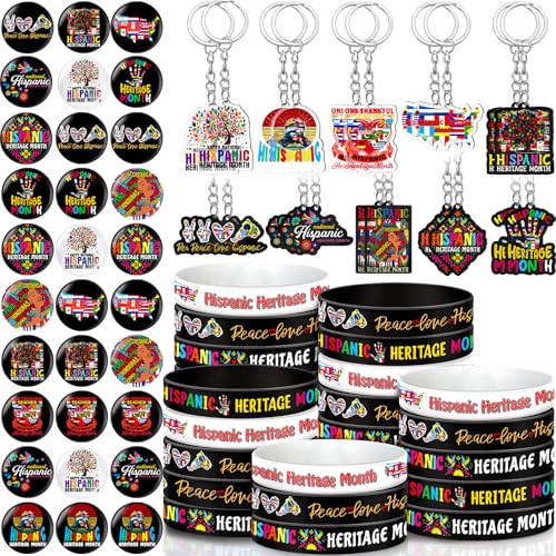 Kenning 300 Pcs Hispanic Heritage Month Giveaways Acrylic Keychains, Silicone Bracelets, Button Pins Gift Bulk for Women, Men, and Cultural Celebrations