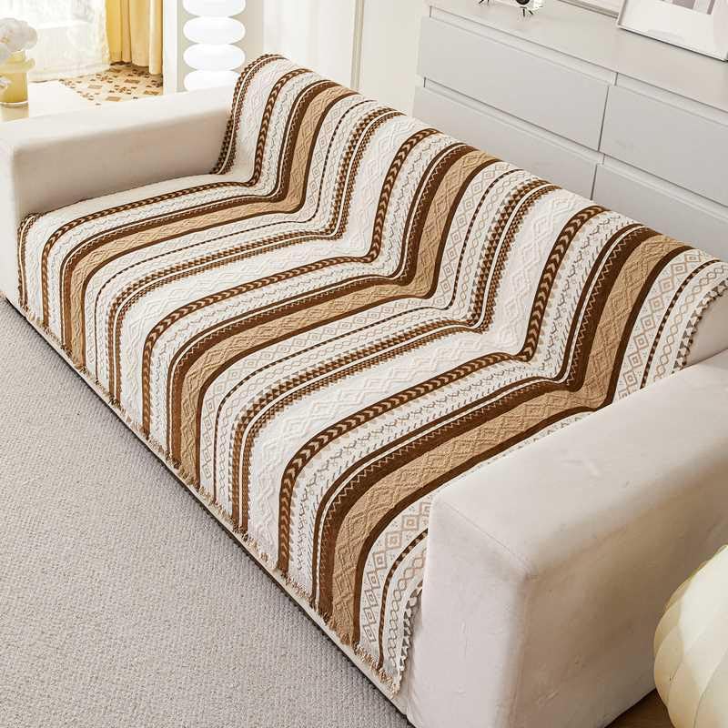 Image of HOMETHREADS Chenille Bohemian Boho Style Sofa Cover | Thick & Soft Luxury Slipcover | Protective, Washable & Stylish Couch Cover for Living Room Decor. (Boho Line Beige, 4 Seater | 200x180cm)