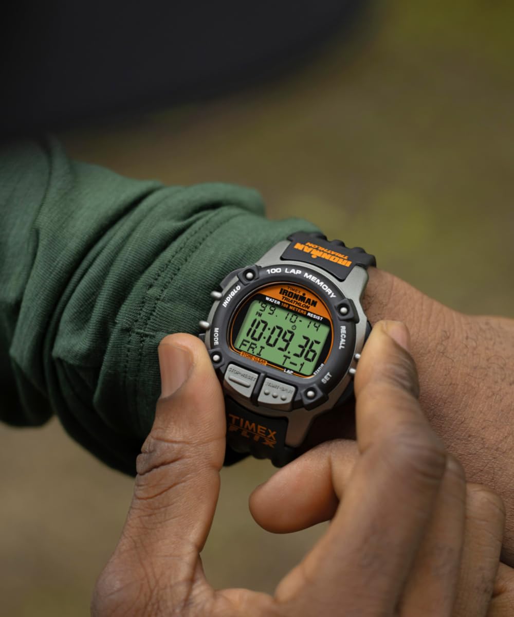 Timex TW5M63200 Ironman Flix 100 Lap Herren-Armbanduhr, 42 mm, schwarzes PU-Armband mit Digitalanzeige