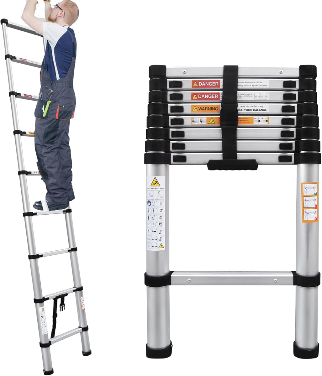 Telescoping Ladder 8FT Aluminum Telescoping Extension Ladder, Collapsible Ladder Attic Ladder Rv Ladder, Portable Telescopic Ladder for Outdoor Working & Household Use, Folding Ladder 330lb Capacity