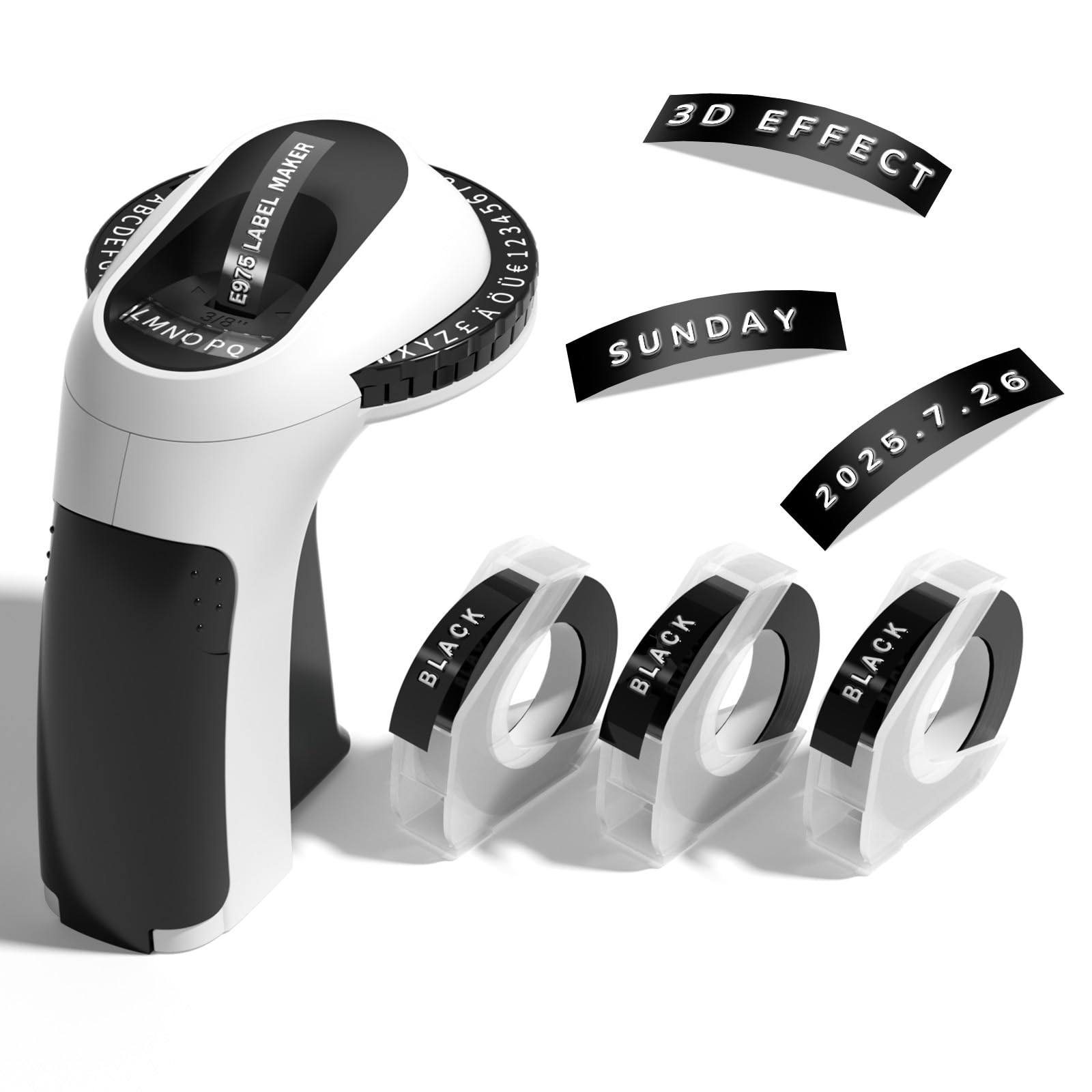 Phomemo Embossing Label Maker,Embossed Label Maker Machine with Tape,E975 Embosser Label Makers 3D Labeller,Vintage Label Printers for Home Use,Office and DIY with 3pcs Black Tape 9mm