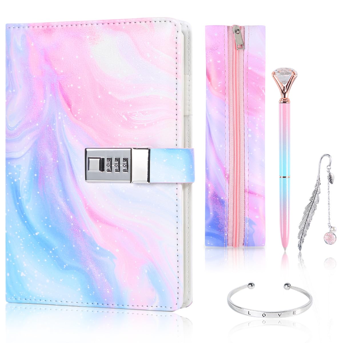 Diary with Lock for Girls, Valentine's Day Girls Birthday Presents Age 7-15, Diary with Lock for Girls Teenager, Notebook Set with Pen Bracelets Bookmark, for Back to School Birthday Festival Present